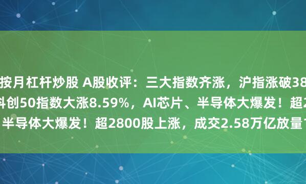 按月杠杆炒股 A股收评：三大指数齐涨，沪指涨破3800点续创十年新高，科创50指数大涨8.59%，AI芯片、半导体大爆发！超2800股上涨，成交2.58万亿放量1185亿